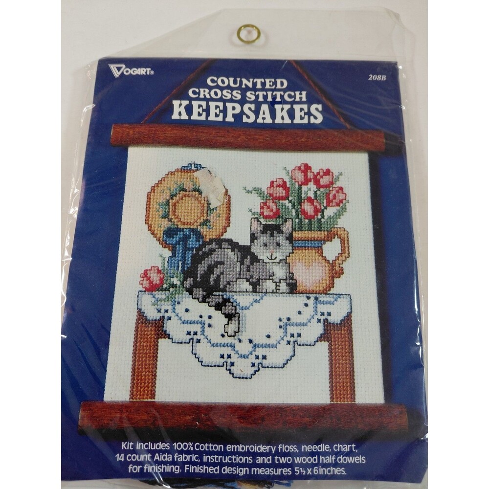 Vogart Counted Cross Stitch Keepsakes Kit 208B Cat & Flowers Wall Hanging 5.5x6"
